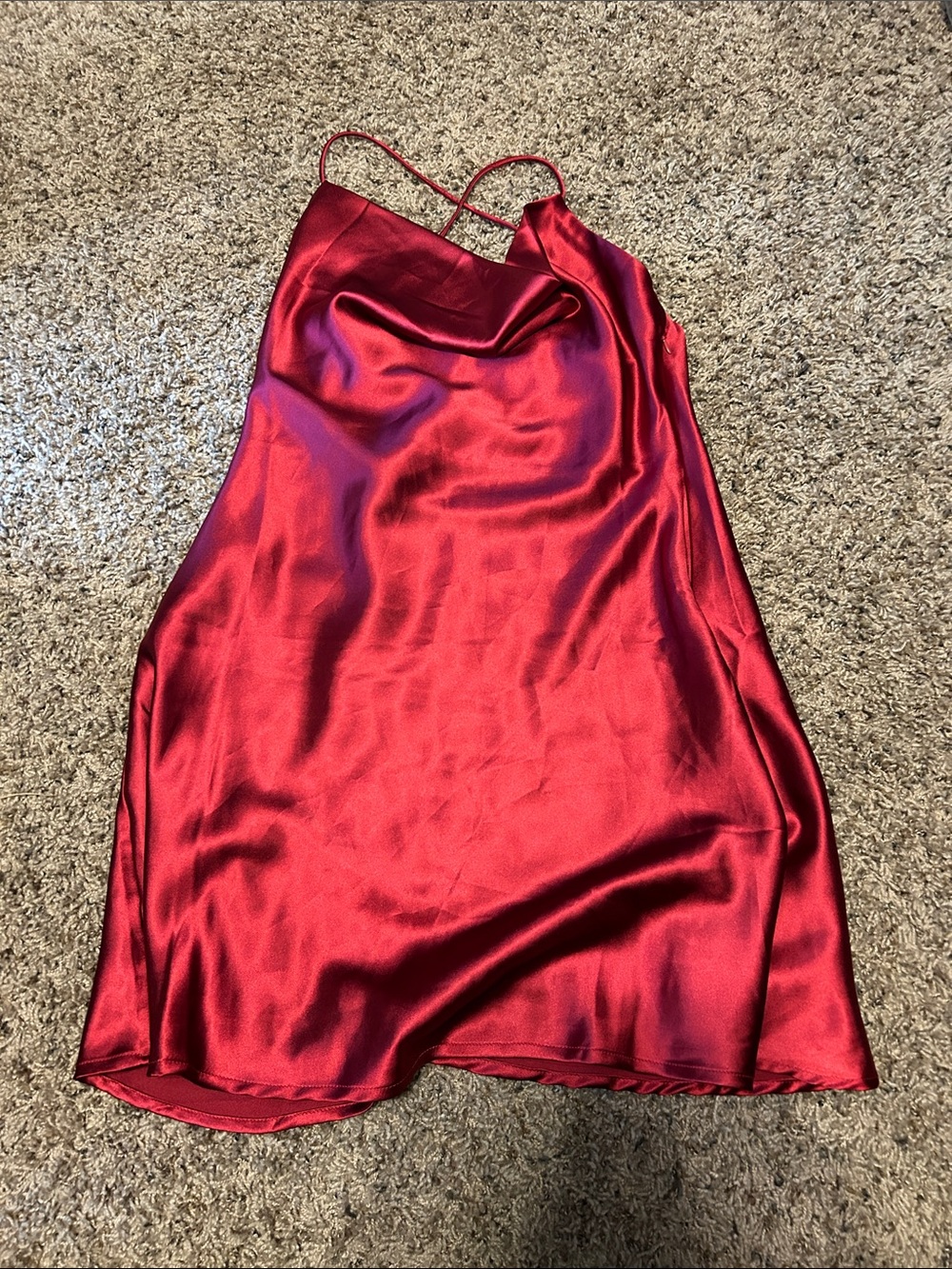 Red Satin Slip Dress With Cowl neck